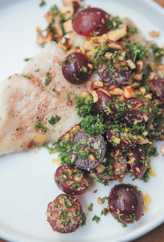 Flounder Baked with Grapes  and Almonds