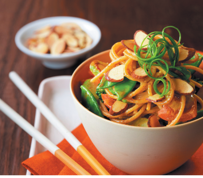 Asian Noodle Bowl with Spicy Almond Sauce