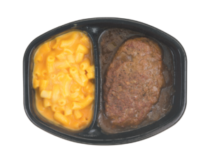 This convenient ultraprocessed meal includes a patty made of "mechanically separated chicken, pork, water, beef, soy protein concentrate" and other highly processed ingredients (plus "flavoring"), and macaroni and cheese made with refined flour and "process cheese spread."