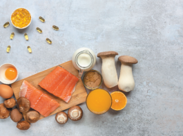 We get vitamin D from sun exposure and a few foods (fatty fish, mushrooms, egg yolk, and fortified milk and juices).