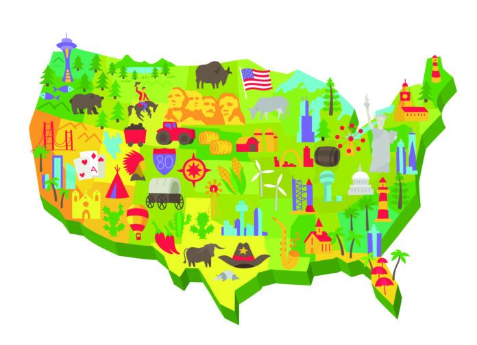 Illustrated USA tourist attraction on the map. United States of America. Set of icons. Showplace flat vector.