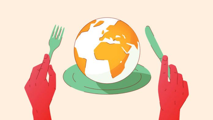 Vector illustration showing a plate with earth globe on it, and hands holding a fork and knife. Concept of lack of food, rising food prices, global food shortage, zero hunger