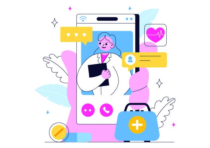Telemedicine Illustration Featuring Healthcare Innovation with AI Diagnosis, Mobile Health Apps, and Technology Integration through Smart Devices